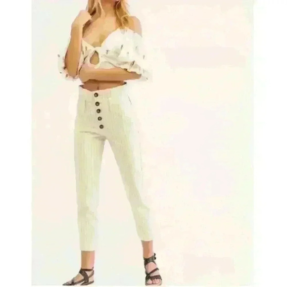 Free People Denim - Free People Montella Cream & Brown Pin Stripe High Rise Paperbag Jeans Sz 2